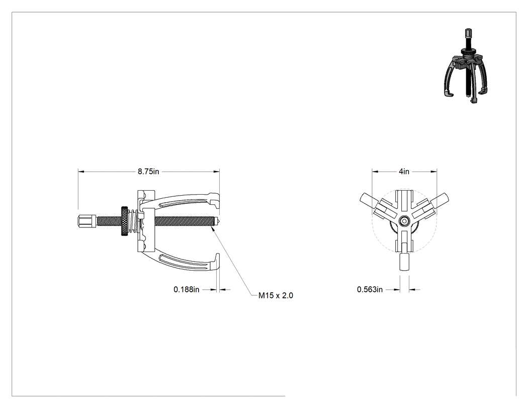 Teknik Çizim - Çift Yönlü Çeneli Dış/İç Kavrama Çekici, Hızlı Tutma, 2/3 Çeneler, 3-4" iç çap için