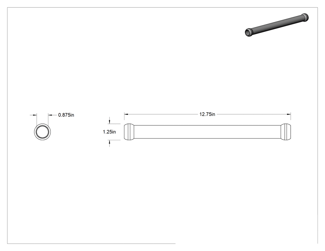 Teknik Çizim - Ağır Hizmet Tipi Top Tutmalı Konumlandırma Kolu için 12-3/4" Uzunlukta Düz Bağlantı Parçası