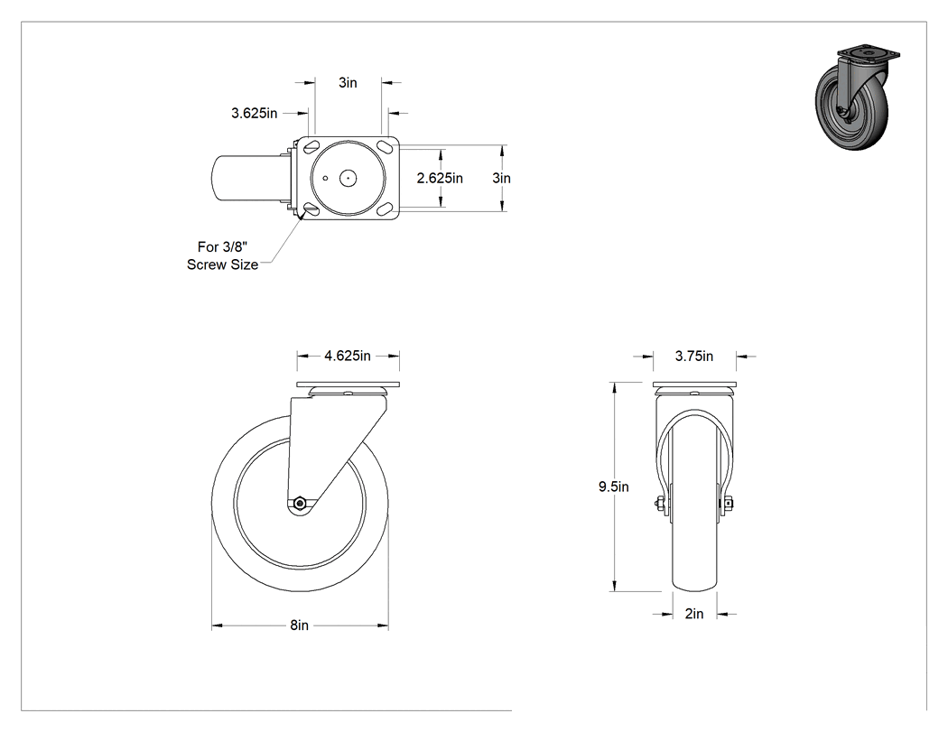 Teknik Çizim - 4-5/8" x 3-3/4" Plakalı Kolay Dönen Tekerlek, Yüksek Kapasiteli, 8 inç Çapında Kırmızı Poliüretan Tekerlekli Döner Tekerlek