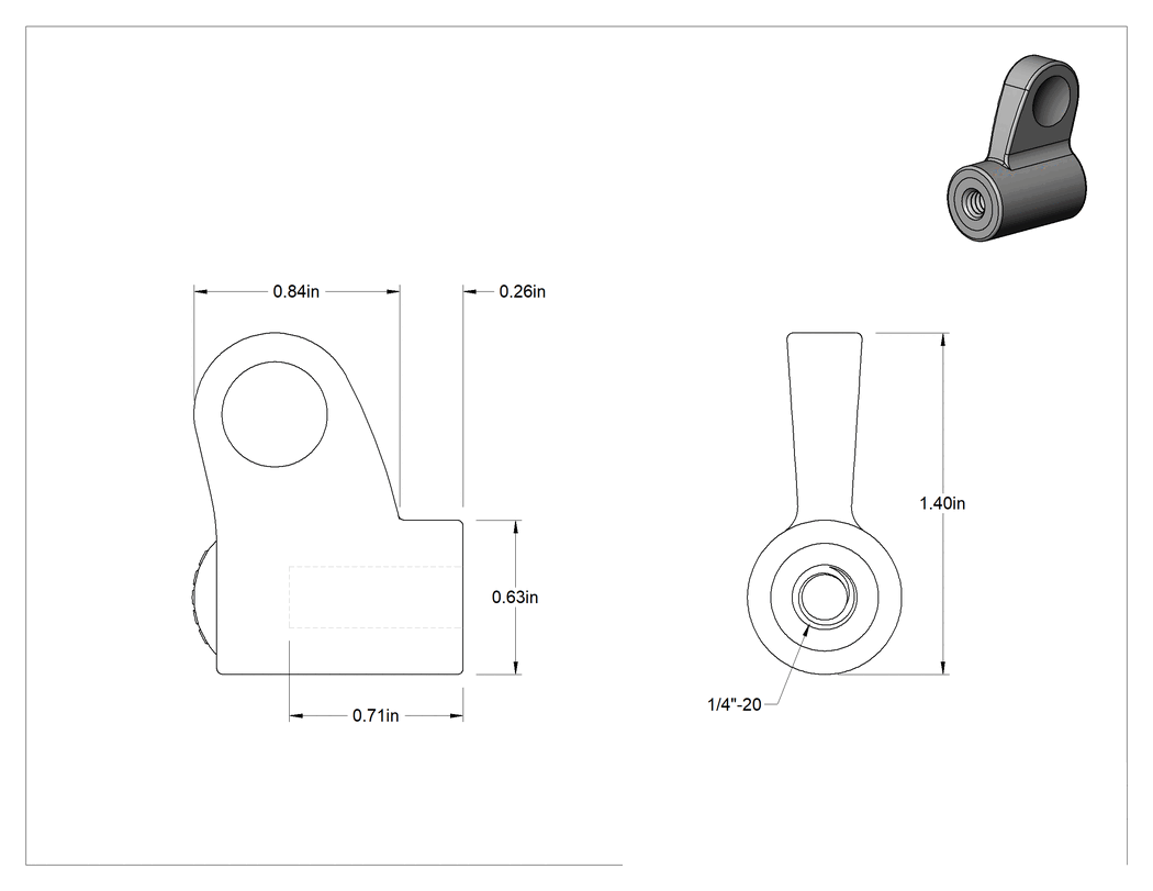 Teknik Çizim - Plastik Tek Kollu Topuz, 1/4"-20 Dişli Delikli, 1-3/8" Genişlikli Başlık