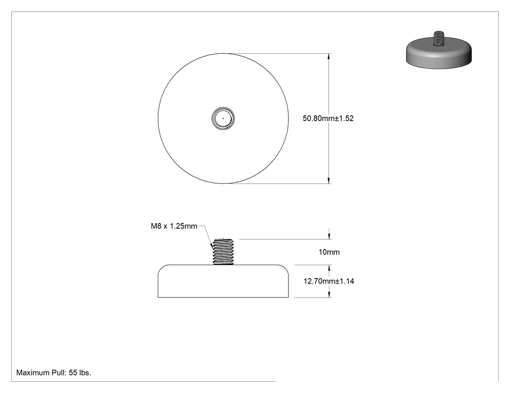 Teknik Çizim - Kapalı Seramik Mıknatıs, Dişli Saplama, Nikel Kaplı Kutu, 13 mm Kalınlık, 50.8mm Dış Çap