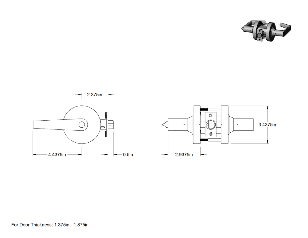 Teknik Çizim - Schlage Alx Kapı Kolu, C Yiv, Anahtar ve Düğme Kilitli, 2-3/8" Boğaz Mesafesi, Krom