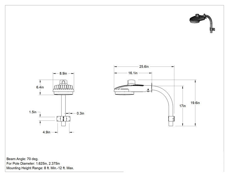 Teknik Çizim - Uzun Uçlu Dış Mekan Projektörü, Dahili LED Ampullu, 40 W ve 60 W