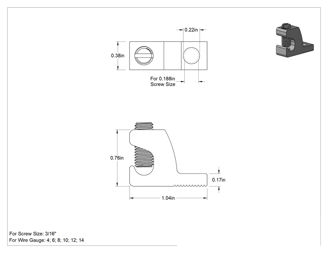 Teknik Çizim - Kolay Takılan Yerleştirme Pabucu, Kalay Kaplı Bakır, 14-4 AWG için