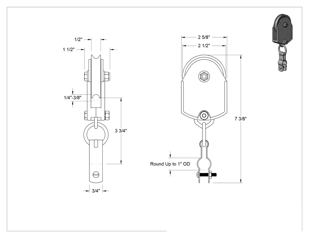 Teknik Çizim - Tel Halat-Seyir Vinç Kablo Taşıyıcısı, 1/4"-3/8" Tel Halat Çapı için, 0.5"-1" Kablo/Hortum Dış Çapı