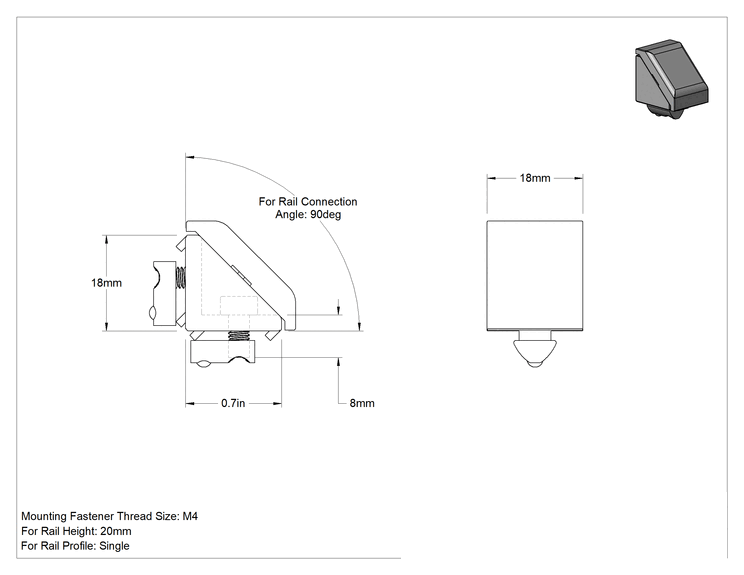 Teknik Çizim - T-Yivli Çerçeve Yapısal Braket, 20 mm Ray için Kapalı Köşebent Braketi, 23/32" Uzunluk, Siyah