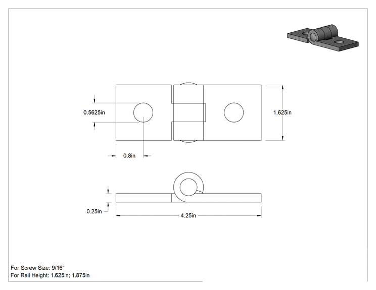 Teknik Çizim - Cıvatalı Ray için 4-1/4" x 1-5/8" Uzunluğunda Menteşe