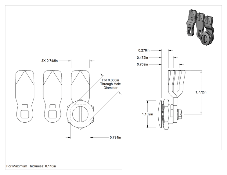 Teknik Çizim - Yıkama Kam Kilidi, Krom Kaplı Çinko, 3/32" Maksimum Kalınlık