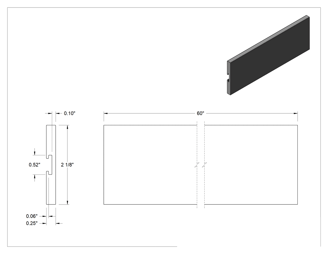 Teknik Çizim - Konveyör Kılavuzu için 5 Fit Uzunluk x 2-1/8" Yükseklik Aşınma Şeridi