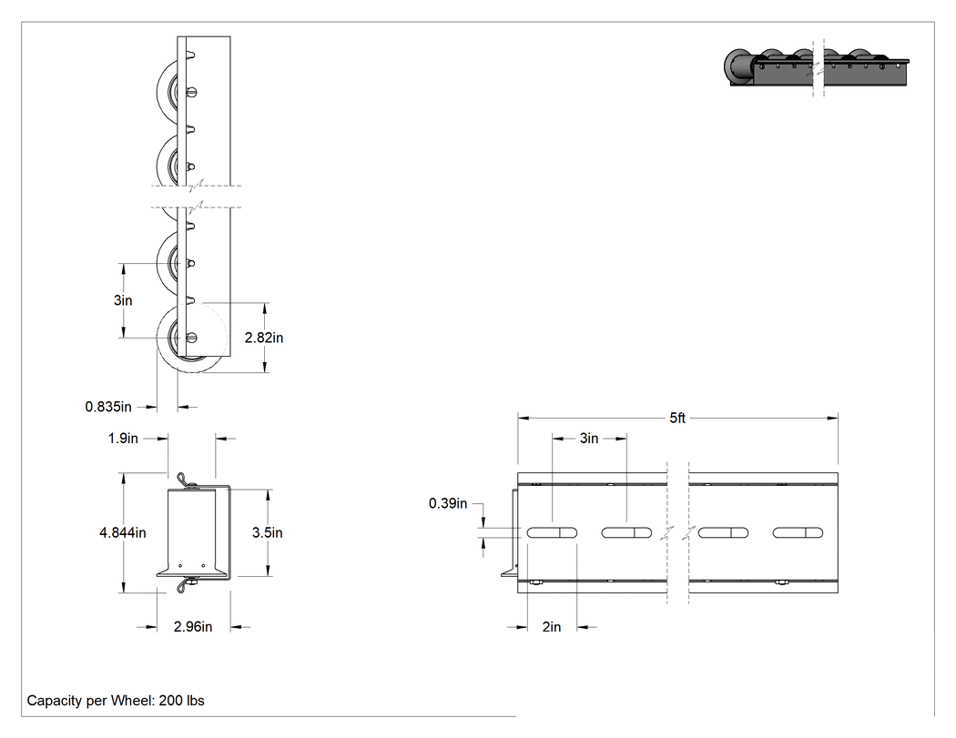 Teknik Çizim - Akış Rayı, Sol Flanşlı Çelik Tekerlekler, 5 Fit Uzunluk