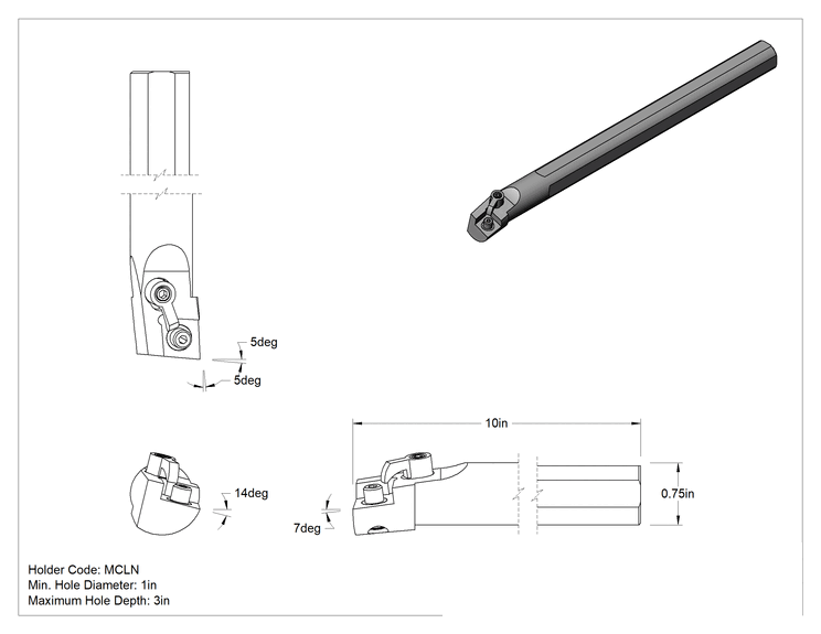 Teknik Çizim - Delik Açma Karbür Uç Tutucu, Kod MCLN, Sağ Yönlü, 3/4" Şaft Çapı, 3/16" Takma Kalınlığı için