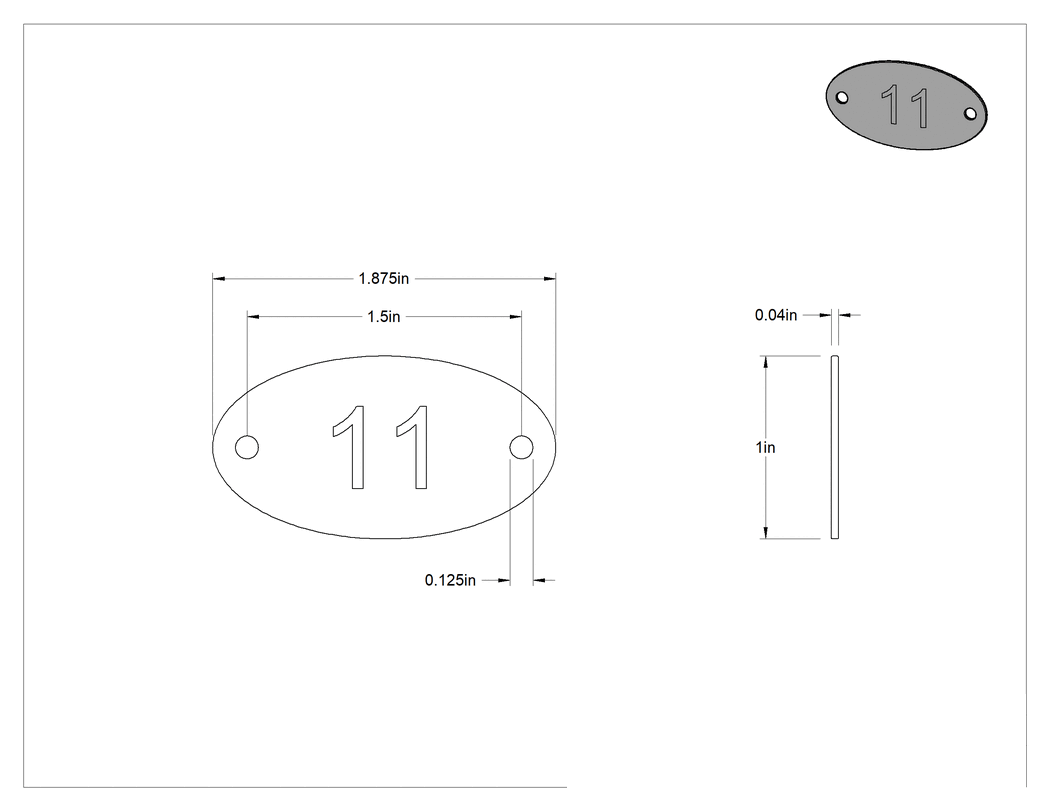 Teknik Çizim - Numaralı Plaka, Alüminyum, 1" Yükseklik x 1-7/8" Genişlik