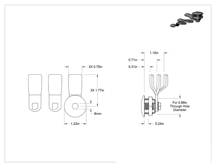 Teknik Çizim - Altıgen Tahrikli Kam Kilidi, Sabit kilitleme, Krom Kaplı Çinko, 1/4" Maksimum Kalınlık için
