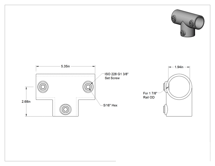 Teknik Çizim - Galvanizli Demir Kayar Ray Bağlantı Parçası, 1-7/8" Ray Dış Çaplı T Bağlantı Elemanı