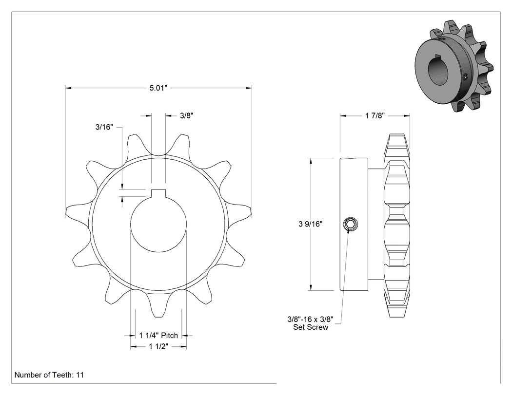 Teknik Çizim - Çelik Tek Sıralı Dişli, ANSI 100 Makaralı Zincir ve 1-1/2" Mil Çapı için, 11 Diş