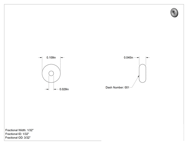 Teknik Çizim - Buhar ve Ultra Kimyasal Dayanıklı Aflas O-Ring, 1/32 Kesirli Genişlik, Dash Numarası 001