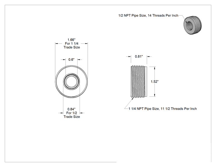 Teknik Çizim - 1-1/4 NPT Erkek x 1/2 NPT Dişi Burç, Sert Alüminyum Kanal için