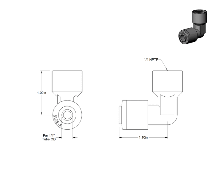 Teknik Çizim - Kimyasallar için Bas-Bağlan Boru Bağlantı Parçası, PVDF 90 Derece Dirsek, 1/4" Boru Dış Çapı x 1/4 NPTF Dişi