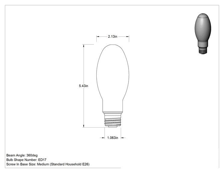Teknik Çizim - Yüksek Basınçlı Sodyum Ampul, Koni, E26 Orta Taban, 35W, 2250 lümen