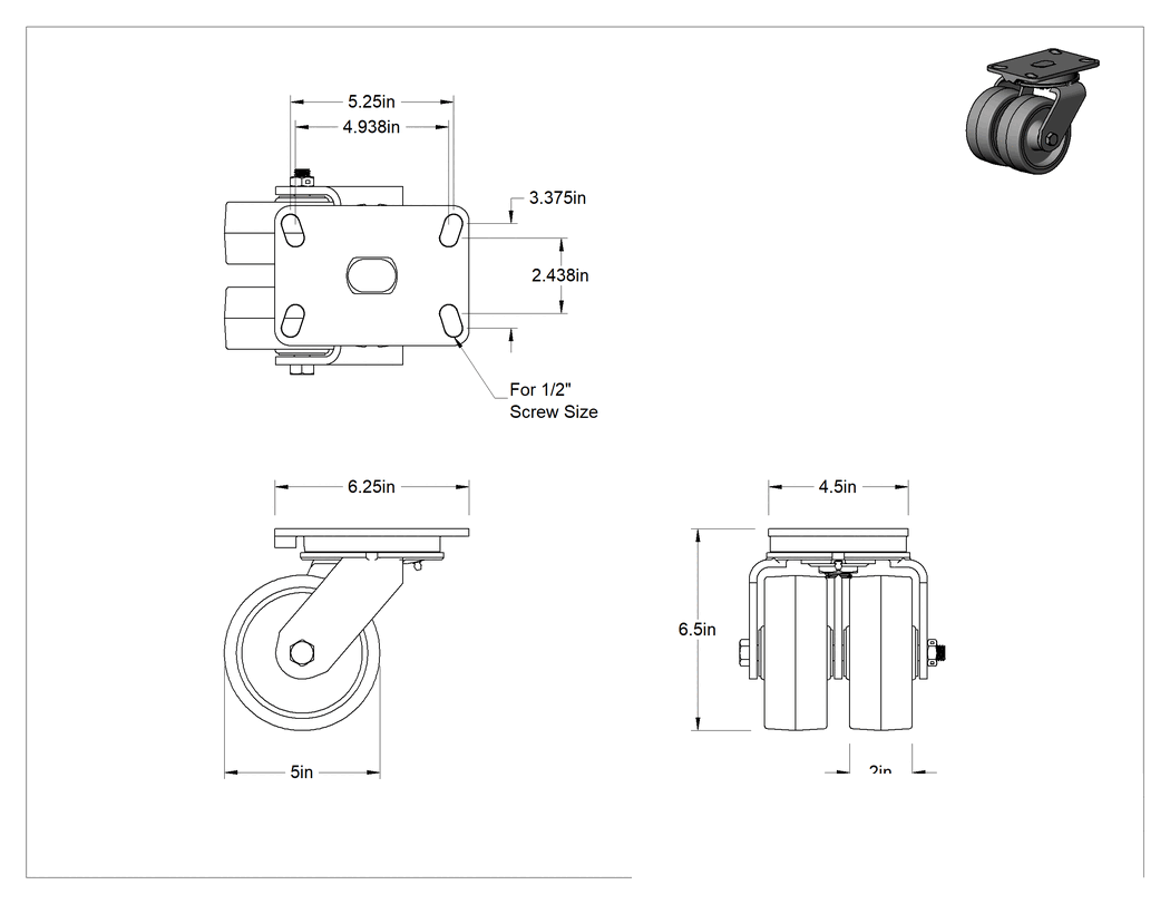 Teknik Çizim - Viking Tekerlek, 6.25 inç x 4.5 inç Plaka, 5" 60D Poliüretan Tekerlekler