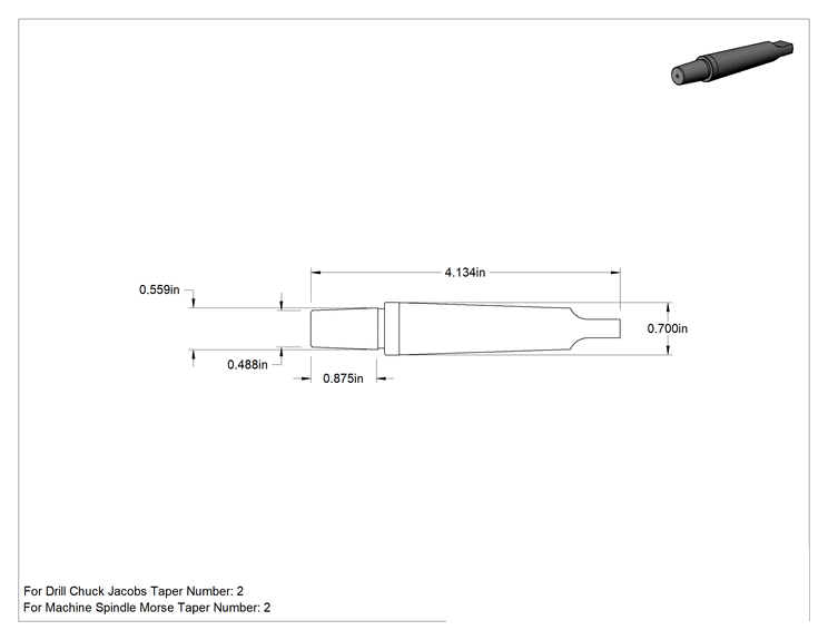Teknik Çizim - Matkap Mandreni, 2 Numaralı Morse x 2 Numaralı Jacobs için, 4-9/64" Toplam Uzunluk