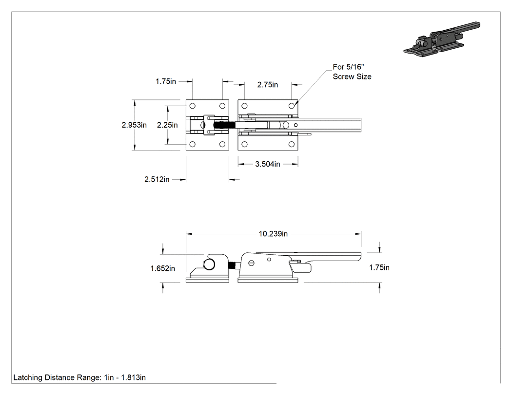 Teknik Çizim - Ayarlanabilir Tutamaklı Çekme Mandalı, Emniyet Mandallı, Çinko Kaplı Çelik, 10-1/4" Uzunluk, 3" Toplam Genişlik