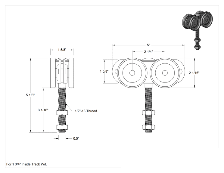Teknik Çizim - Kapılar için Makaralı Ray için Cıvatalı Askı, Çinko Kaplı Çelik, 1-3/4" iç ray genişliği için, 5-1/8" Yükseklik