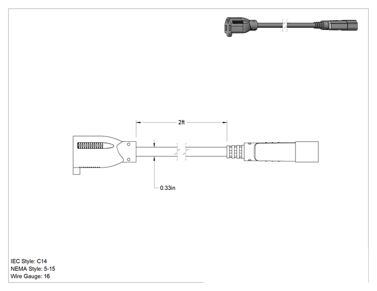 Teknik Çizim - Elektronik Ekipman Güç Kablosu, IEC C14 Fiş x NEMA 5-15 Priz, 2 Fit Uzunluk