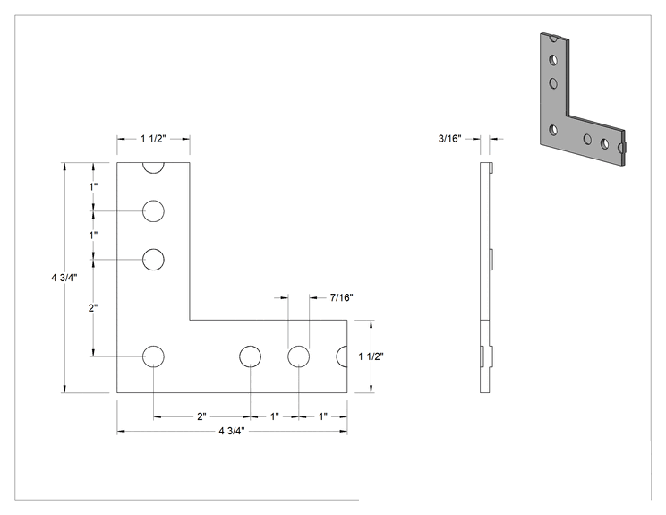 Teknik Çizim - Cıvatalı Çerçeveleme için 4-3/4" Uzunlukta Gömme 90 Derece Yüzey Braketi
