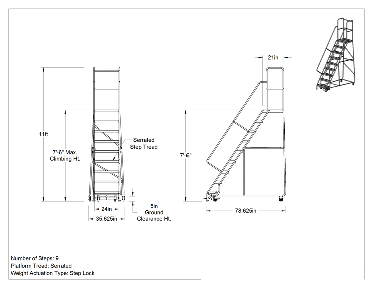 Teknik Çizim - Hafif Alüminyum Tekerlekli Platform Merdiveni, Tırtıklı Basamaklar, 11' Yükseklik x 36" Genişlik x 79" Derinlik Toplam