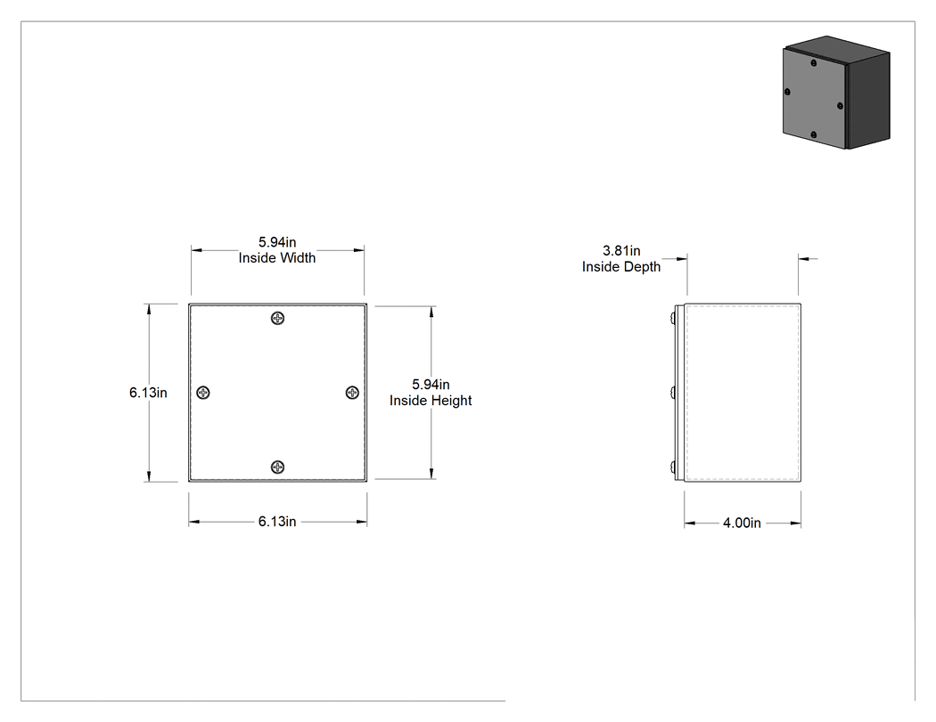 Teknik Çizim - 304 Paslanmaz Çelik Su Geçirmez Muhafaza, Kaldırılabilir Kapaklı ve Vidalı Kapatmalı, 6" x 6" x 4"