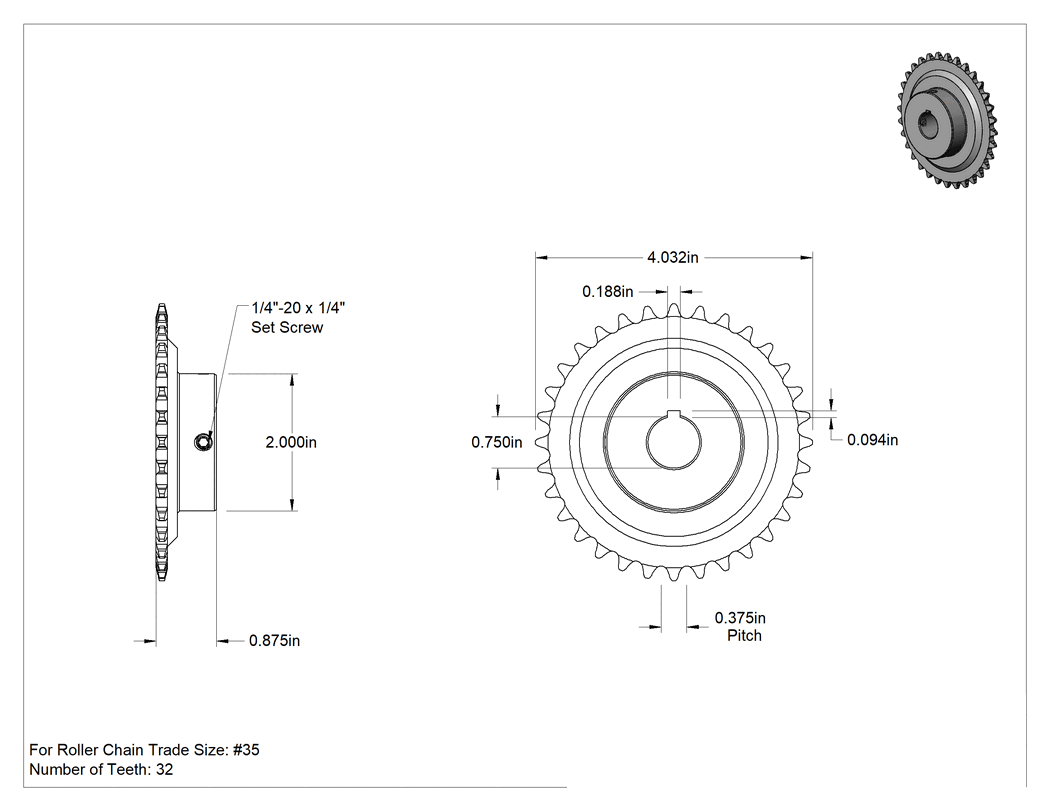 Teknik Çizim - Çelik Tek Sıralı Dişli, ANSI 35 Makaralı Zincir ve 3/4" Mil Çapı için, 32 Diş