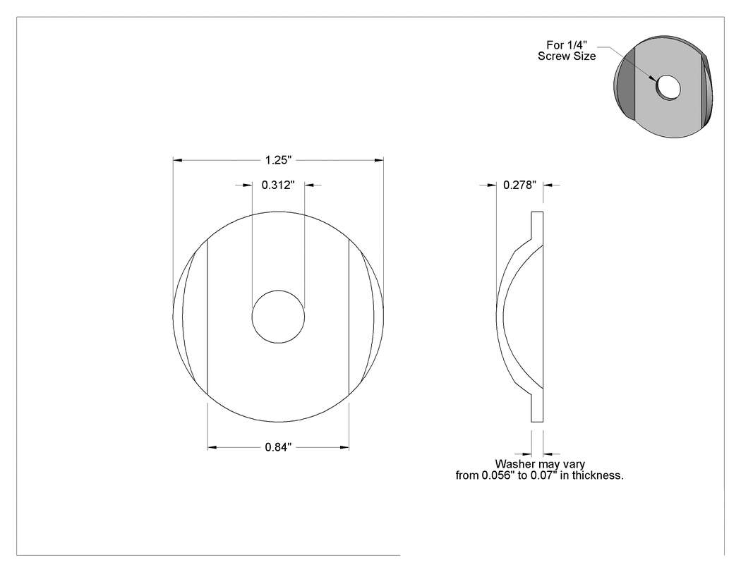 Teknik Çizim - Açılı Kenarlı Sabitleme Pul, 1/4" Vida Boyutu, 0.312" İç Çap, 1.25" Dış Çap