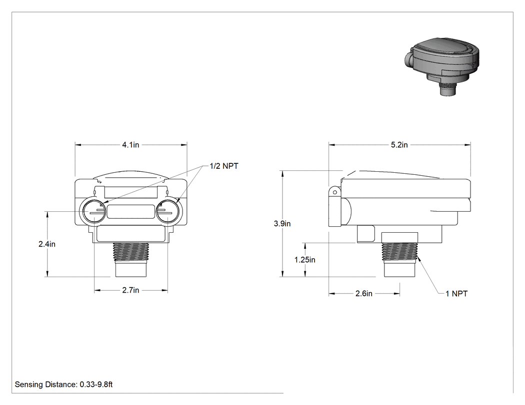 Teknik Çizim - Ultrasonik Temassız Seviye Anahtarı, Kimyasallar için, 1 NPT Erkek