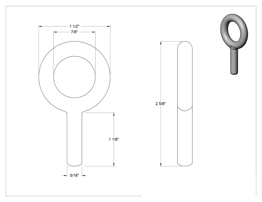 Teknik Çizim - Dişsiz Çelik Yönlendirme Halka Cıvatası, Omuzsuz - Kaldırma Yok, 5/16" Çap x 1-1/8" Uzunlukta Şaft