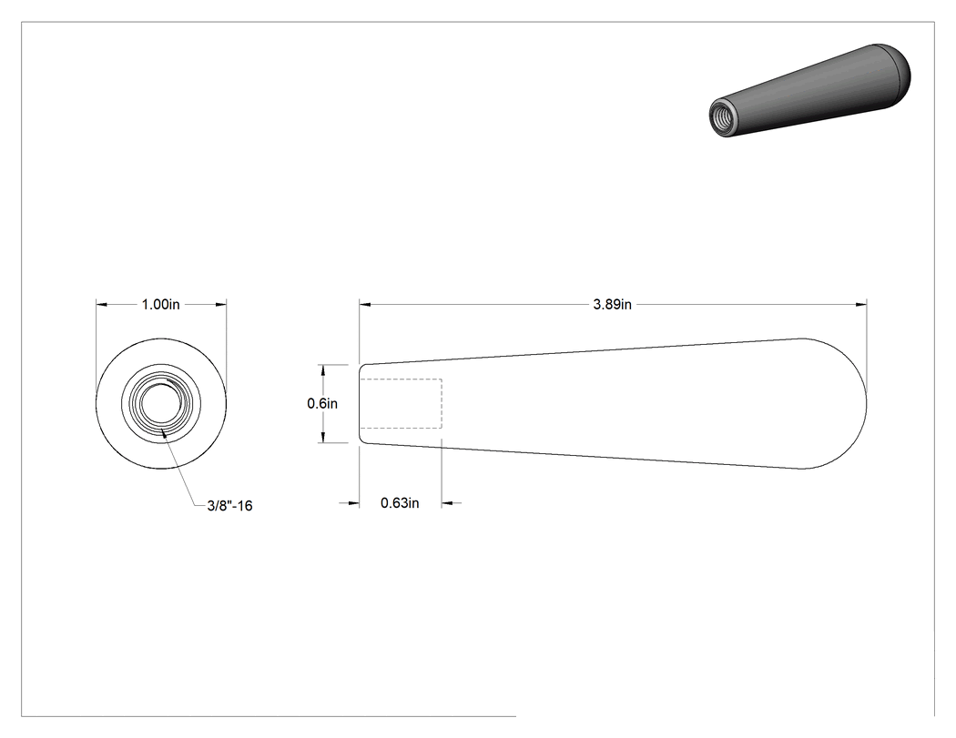 Teknik Çizim - Plastik Konik Sap, Yüksek Sıcaklık, 3/8"-16 Boyutunda 5/8" Derinlikte Dişli, 3-7/8" Uzunluk