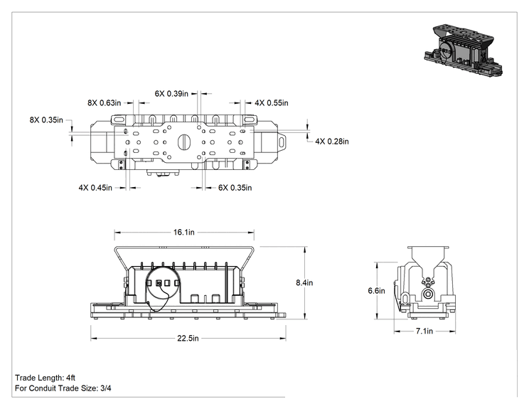 Teknik Çizim - Patlamaya Dayanıklı Tavan Işığı, Yedek Pilli Dahili LED, 22-1/2" Toplam Uzunluk