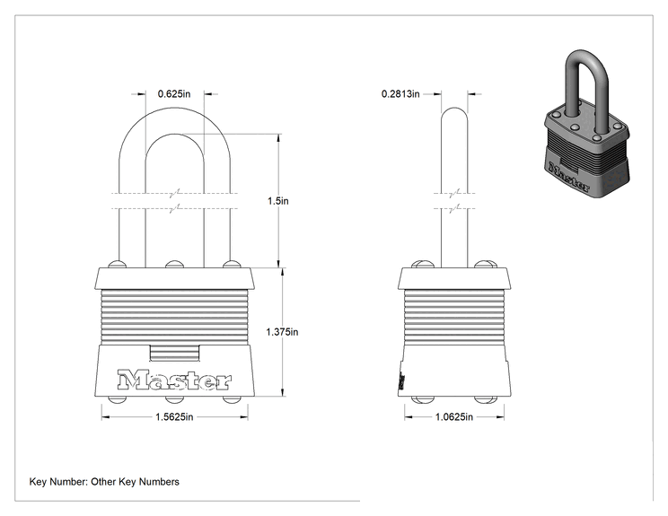 Teknik Çizim - Lamine Çelik Gövdeli Asma Kilit, Master Lock 3, aynı anahtarlı, 1-1/2" Dikey Boşluklu