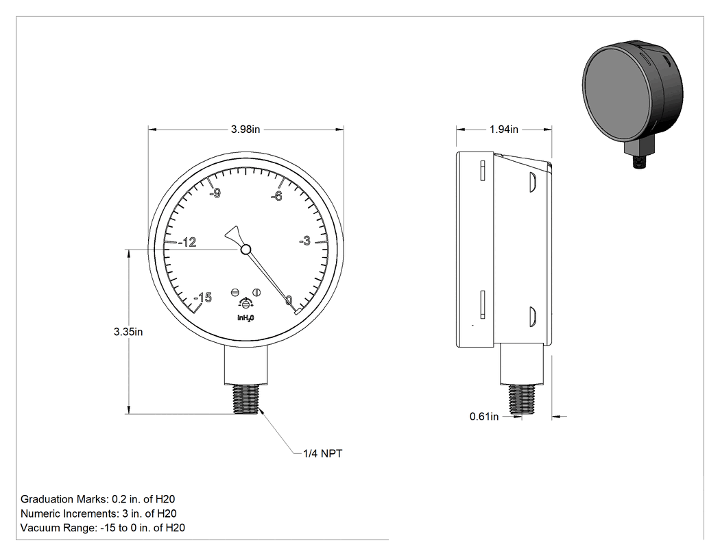 Teknik Çizim - 1/4 NPT Erkek Alt Bağlantılı Ultra Düşük Vakummetre, Sertifikalı, Paslanmaz Çelik Kasa, 4" Kadran, -15 ila 0 inç H₂O