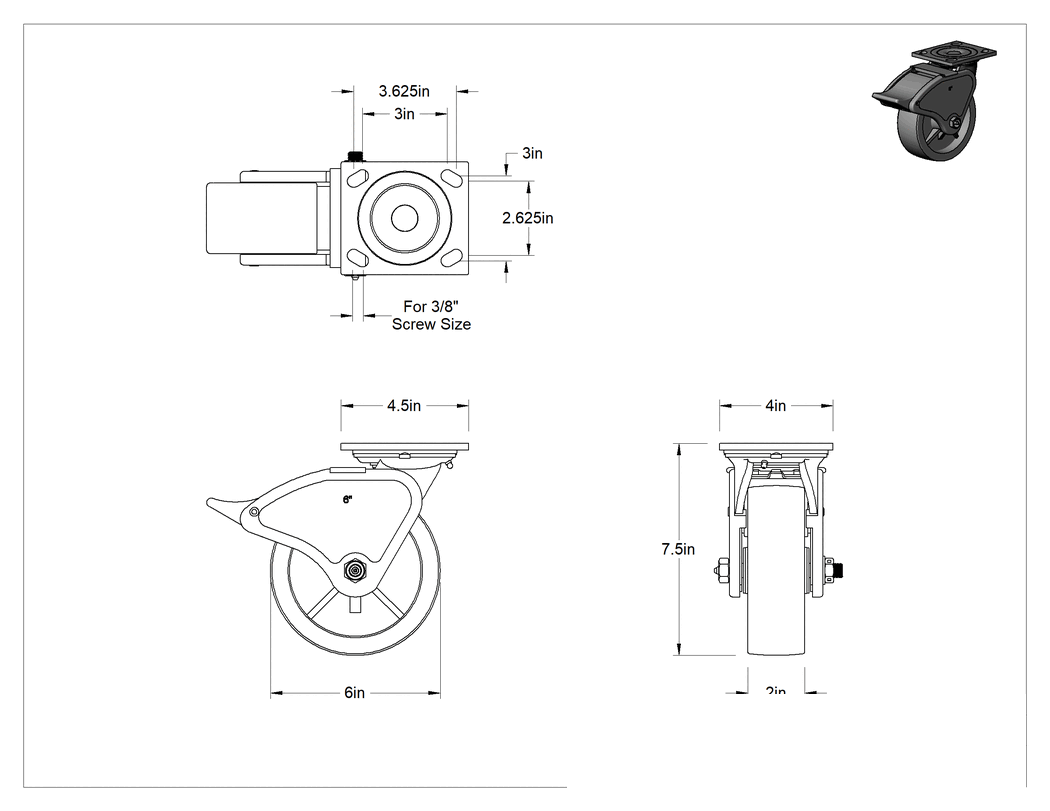 Teknik Çizim - 4-1/2" x 4" Montaj Plakalı Samson Tekerlek, Tam Kilitli ve 6" Çapında Polipropilen Tekerlekli Döner, Koruyuculu Rulman