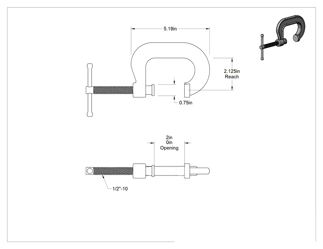 Teknik Çizim - C-Kelepçe, Çelik, Kayan T-Kolu, 0" - 2" Açıklık