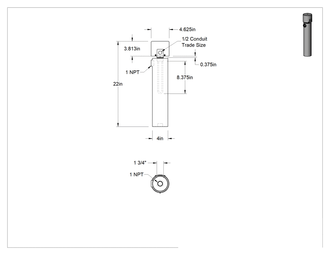 Teknik Çizim - Akışlı Isıtma Elemanı, Soğutucu Sıvı için, Çelik Isıtma Elemanı, 120V AC, 500W