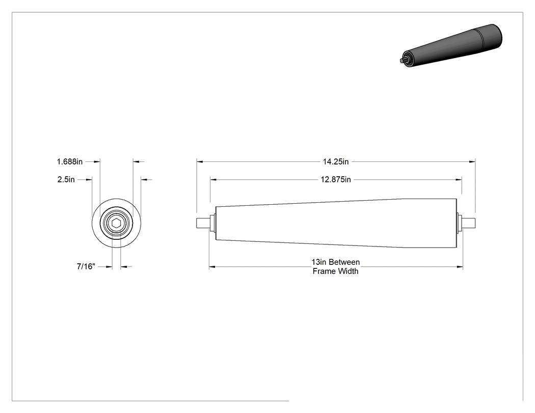 Teknik Çizim - Eğriler için Konik Konveyör Silindiri, 7/16" Altıgen Açısı, 13" Çerçeve Arası Genişlik için