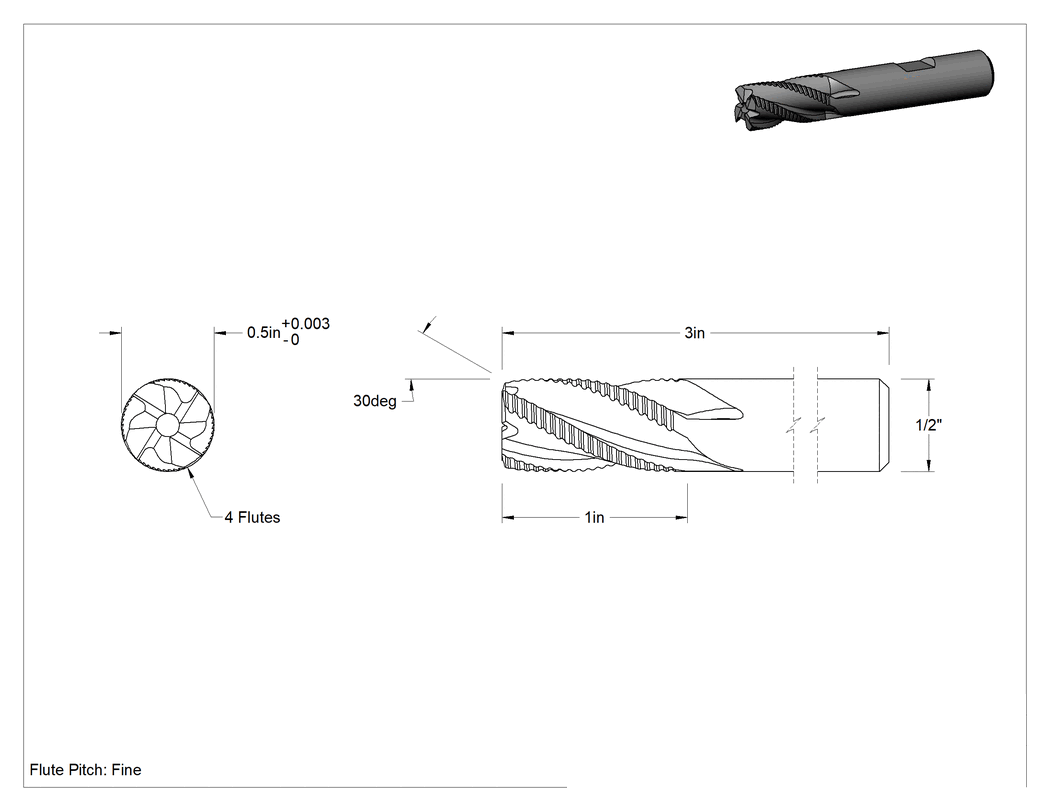 Teknik Çizim - Kaba İşleme Kobalt Çelik Kare Uçlu Freze, TiCN Kaplamalı, 4 Kanallı, 1/2" Freze Çapı, Toplam 3" Uzunluk, İnce