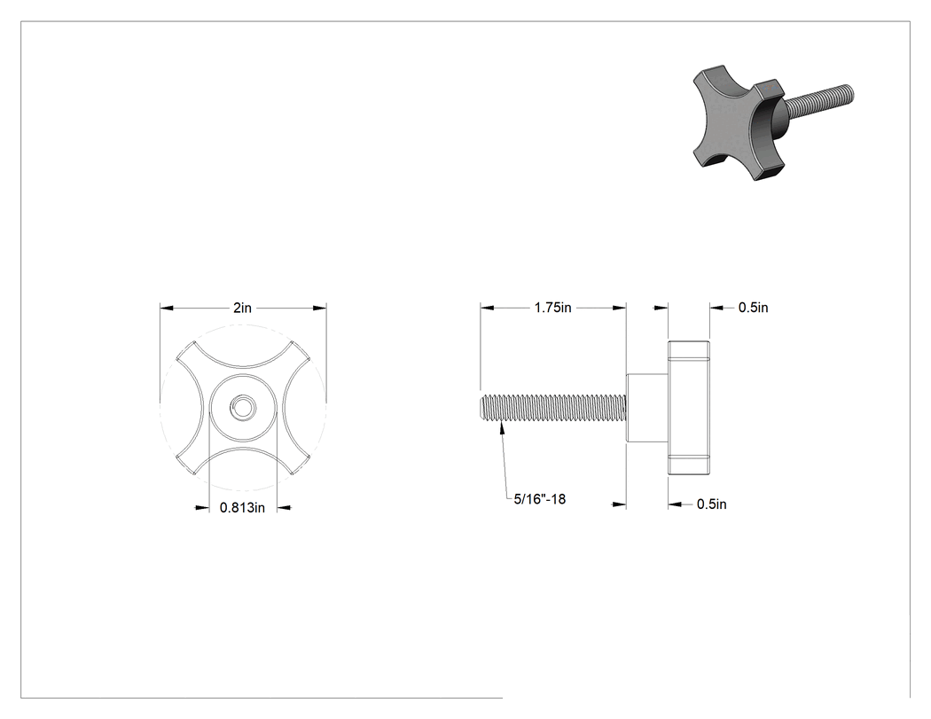 Teknik Çizim - Alüminyum dört kollu topuz, 5/16"-18 Dişli 1-3/4" Uzunlukta Saplama, 1/2" Baş Yüksekliği