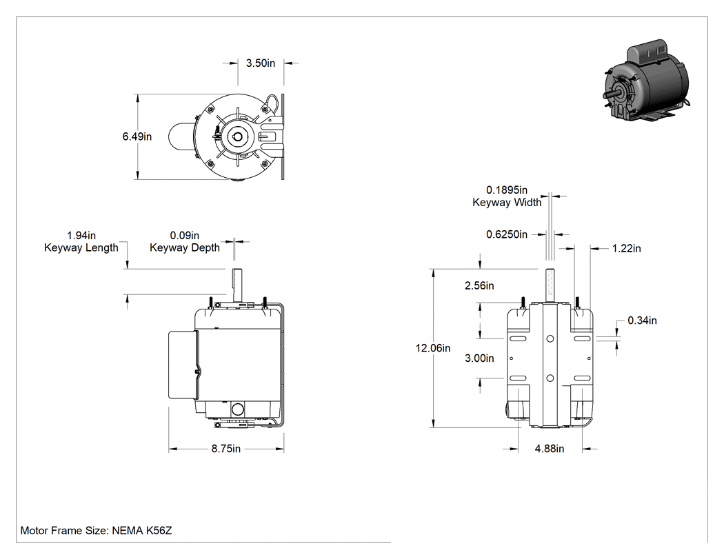 Teknik Çizim - Doğrudan Tahrikli Fan Motoru, 2-5/8" uzunluğunda kamalı milli, NEMA K56Z, 850 rpm