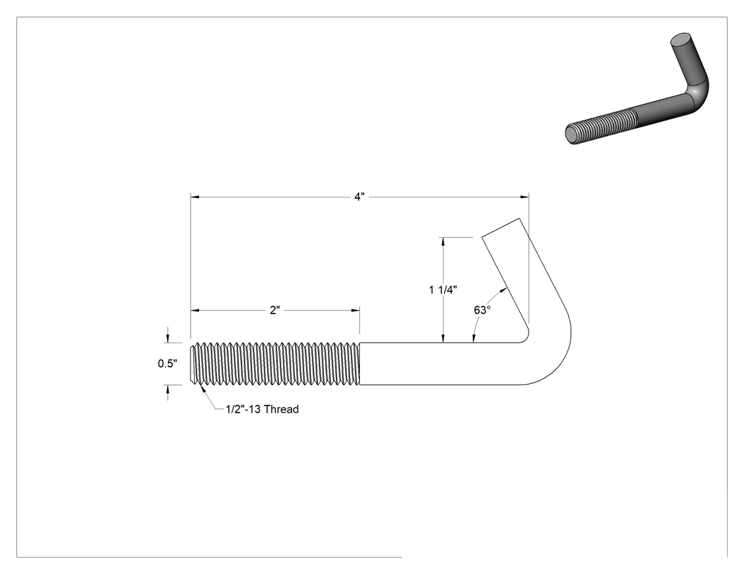 Teknik Çizim - Orta Mukavemetli Çelik Sabitleme Cıvatası, 1/2"-13 Diş Boyutu, 4" Uzunluk