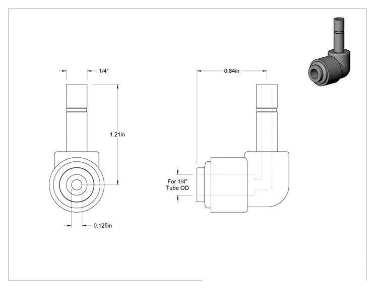 Teknik Çizim - Kimyasallar için Bas-Bağlan Boru Bağlantı Parçası, 90 Derece Dirsek Adaptörü, 1/4" Mil Dış Çapı, 1/4" Boru Dış Çapı için