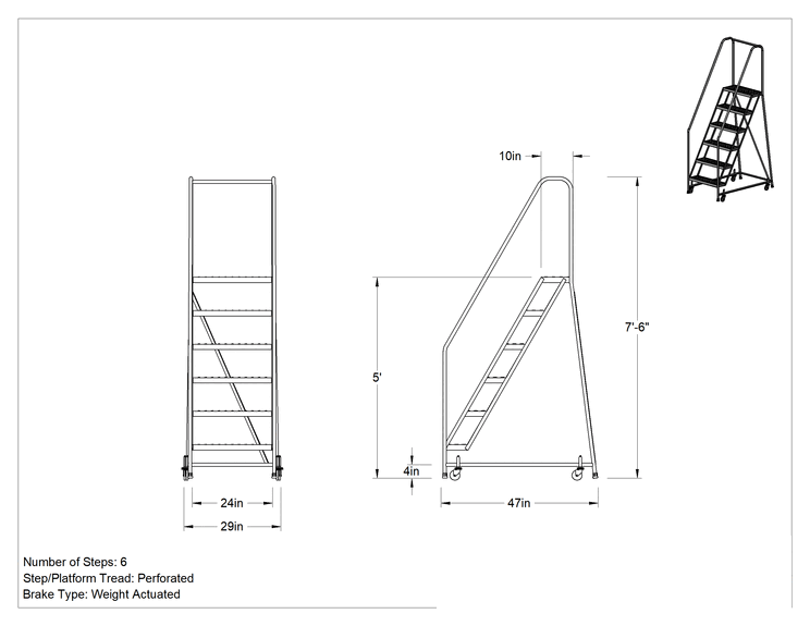 Teknik Çizim - Yuvarlanan Platform Merdiveni, 6 Delikli Basamaklı, 7'6" Yükseklik x 29" Genişlik x 47" Derinlik Toplam