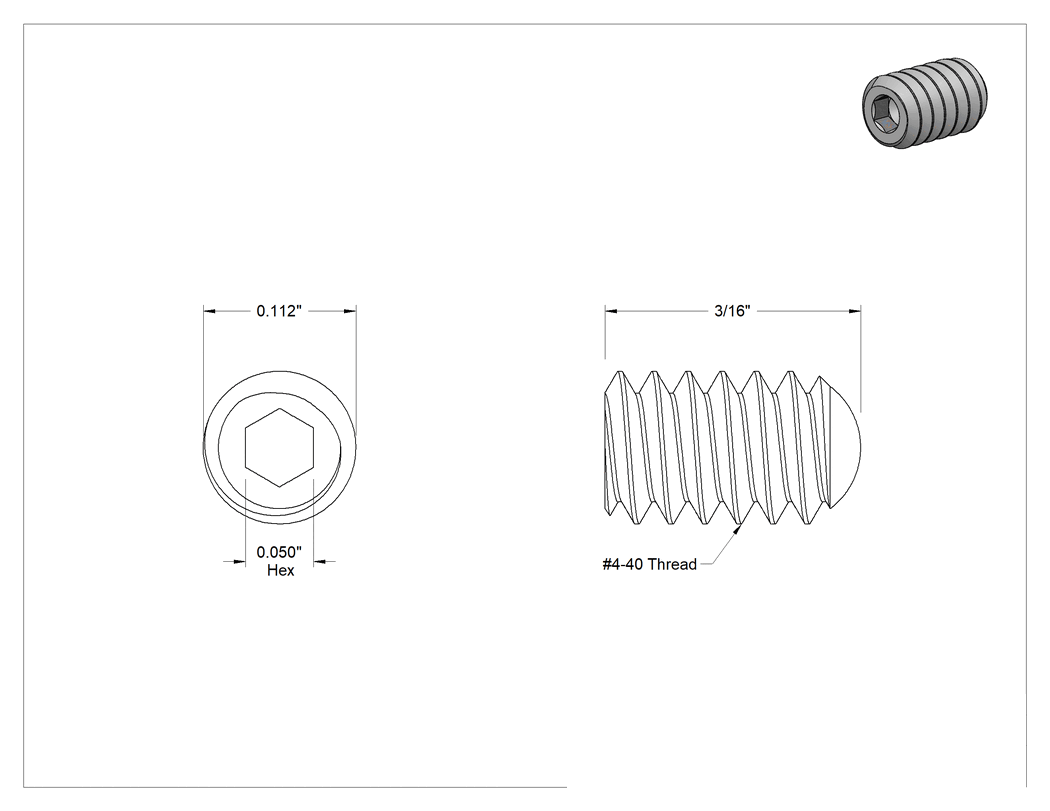Teknik Çizim - 316 Paslanmaz Çelik Oval Uçlu Setskur, Yüksek Korozyon Dirençli, 4-40 Diş, 3/16" Uzunluk
